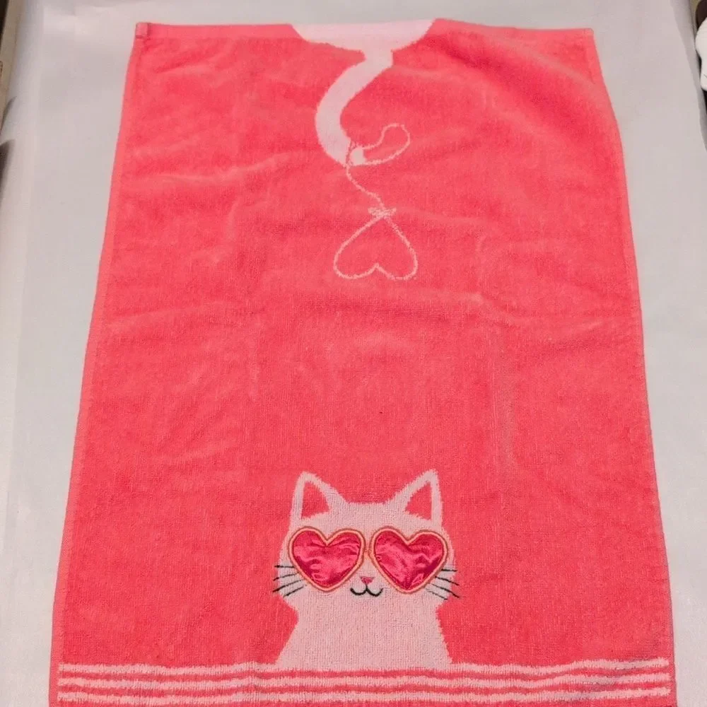 Fun Pink Cotton Cat Hand Towel with Heart Glasses & a Heart Balloon on it's Tail